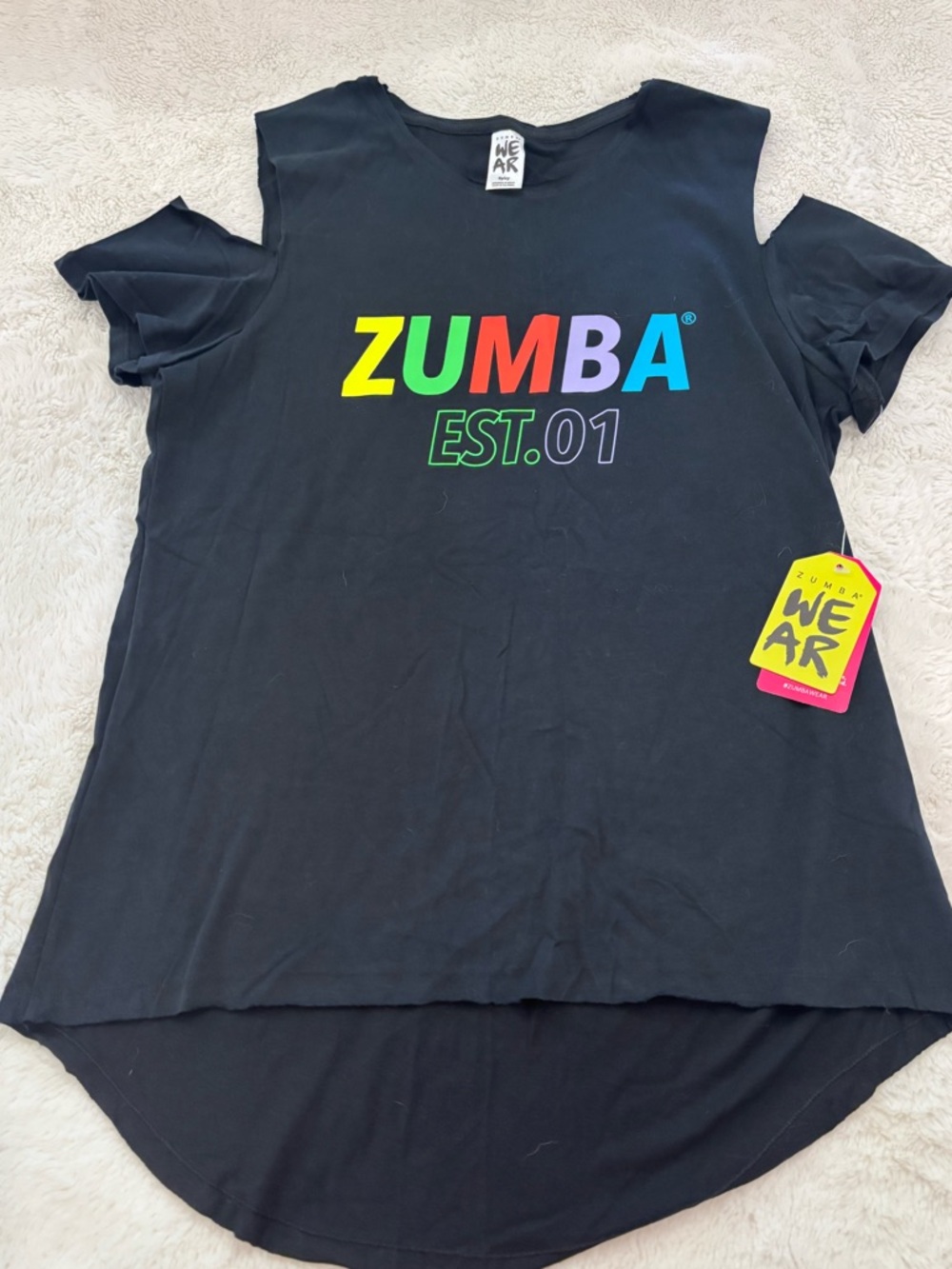 Zumba Fitness Black Cold-Shoulder Tee with Rainbow Logo